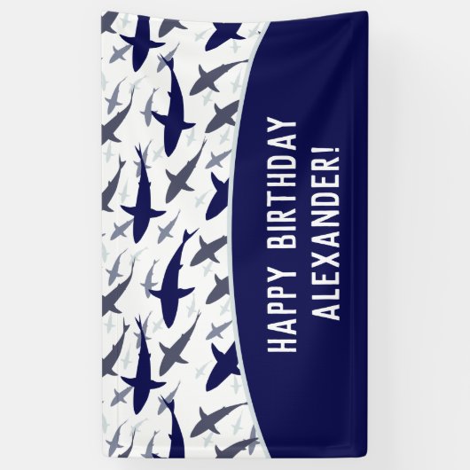 Blue Shark Pattern met naam Boy Birthday Party Spandoek (Verticaal)