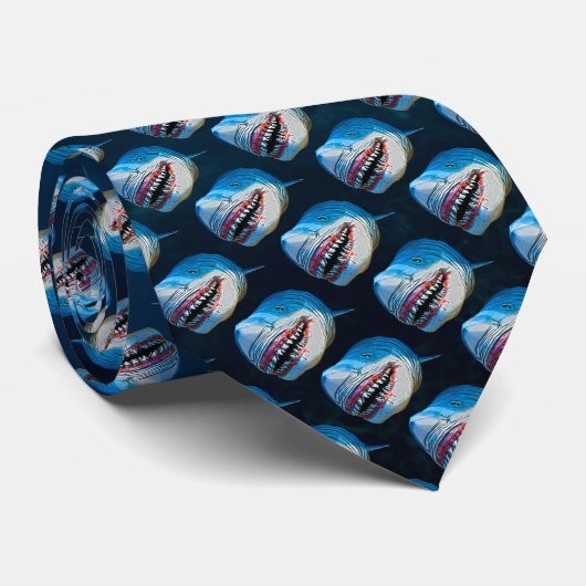 Blue Shark Terror Cartoon in Ocean Tiled Necktie Stropdas (Opgerold)