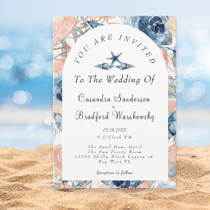 Blue Shell Flowers Waterverf Beach Wedding Kaart