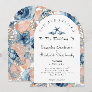 Blue Shell Flowers Waterverf Beach Wedding Kaart