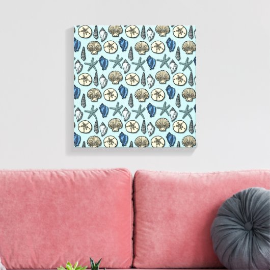 Blue Shell Starfish Zee Pattern Canvas Afdruk (Insitu (Woonkamer))