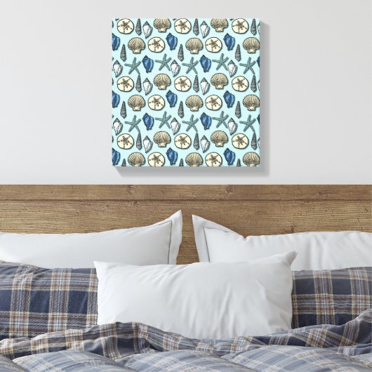 Blue Shell Starfish Zee Pattern Canvas Afdruk (Insitu (Slaapkamer))