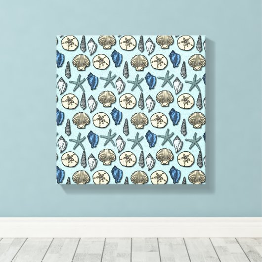 Blue Shell Starfish Zee Pattern Canvas Afdruk (Insitu (Houten vloer))
