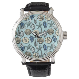 Blue Shell Starfish Zee Pattern Horloge