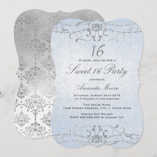 Blue Shimmer Diamond Damask Sweet 16 Uitnodiging (Voorkant / Achterkant)