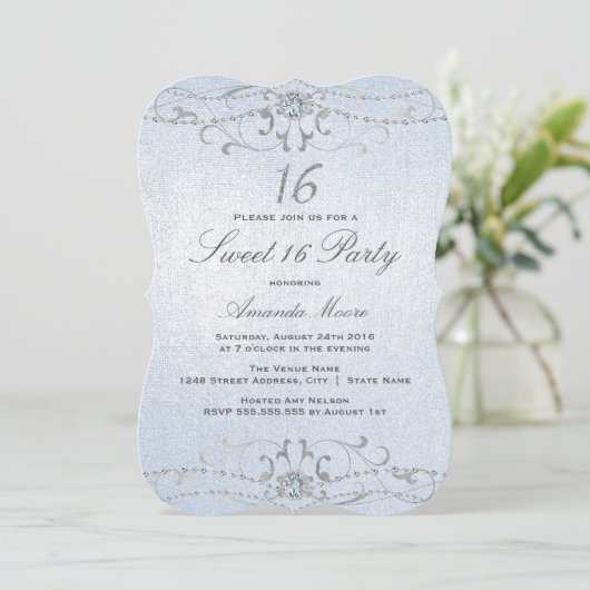 Blue Shimmer Diamond Damask Sweet 16 Uitnodiging (Staand voorkant)