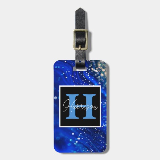 Blue Shimmer Name & Monogram Bagagelabel (Voorkant verticaal)