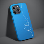Blue Shimmer White Elegant Calligraphy Script Name Case-Mate iPhone 14 Hoesje<br><div class="desc">Blue Shimmer White Elegant Calligraphy Script Custom Personalized Name iPhone 14 Smart Phone Case kenmerkt een modern en trendy eenvoudig en stijlvol ontwerp met uw gepersonaliseerde naam in elegante handgeschreven kalligrafiescript-typografie op een metallic blauwe achtergrond. Ontworpen door ©Evco Studio www.zazzle.com/store/evcostudio</div>