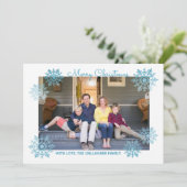 Blue Shimmering Chic Snowflake Holiday Foto Feestdagenkaart (Staand voorkant)
