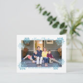 Blue Shimmering Chic Snowflake Holiday Foto Feestdagenkaart (Staand voorkant)