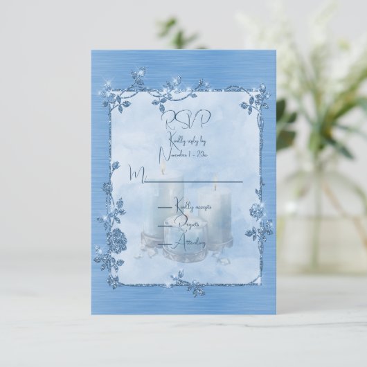 Blue Shiny Elegant Sparkly Frame RSVP Kaartje (Staand voorkant)
