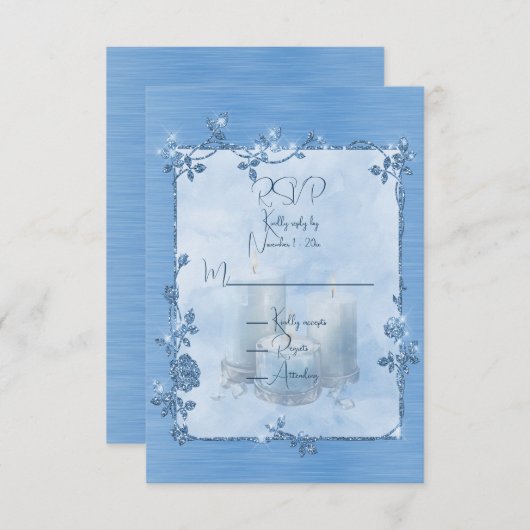 Blue Shiny Elegant Sparkly Frame RSVP Kaartje (Voorkant / Achterkant)