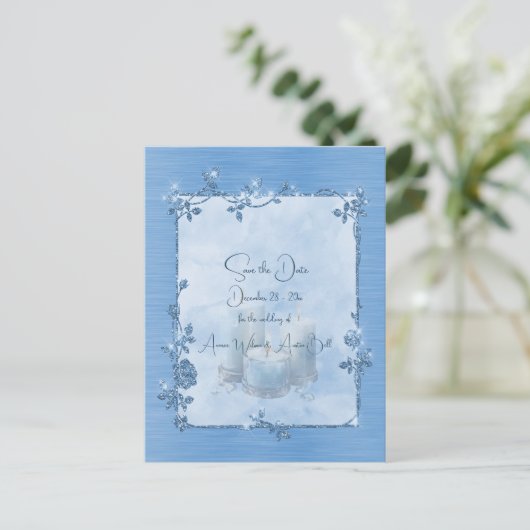 Blue Shiny Elegant Sparkly Save the Date Briefkaart (Staand voorkant)