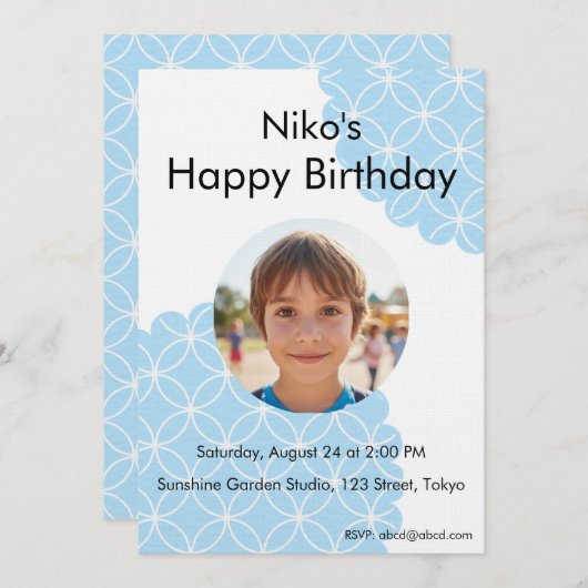 Blue Shippo Photo Birthday Invitation | Editable Kaart (Voorkant / Achterkant)