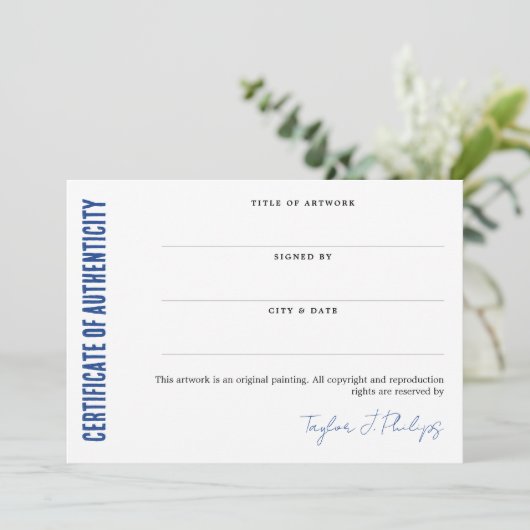 Blue Signature Script Certificate of Authenticity (Staand voorkant)