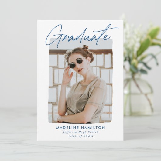 Blue Signature Script Photo Afstuderen Aankondiging (Staand voorkant)