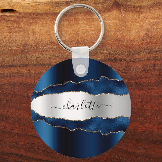 Blue Silagate marble Name script Sleutelhanger (Voorkant)