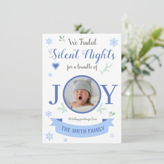 Blue Silent nights bundle of joy Feestdagenkaart (Staand voorkant)