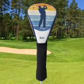Blue Silhouette Golfer op Retro Stripe Golf Golfheadcover