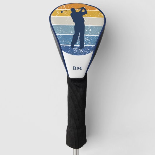 Blue Silhouette Golfer op Retro Stripe Golf Golfheadcover (Voorkant)