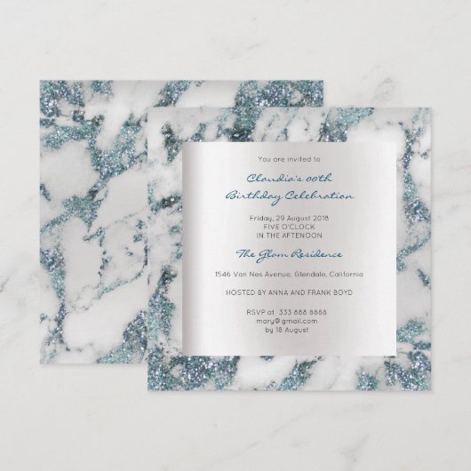 Blue Silver Abstract Marble Gray Birthday Party Kaart (Voorkant / Achterkant)