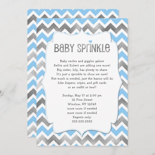 Blue Silver Baby Sprinkle boy baby shower nodigt Kaart (Voorkant / Achterkant)