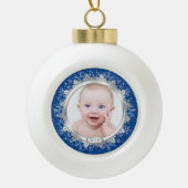 Blue Silver Baby's Eerste Kerstdag (Kerstmis) Foto Keramische Bal Ornament (Voorkant)