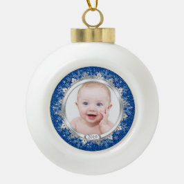 Blue Silver Baby's Eerste Kerstdag (Kerstmis) Foto Keramische Bal Ornament