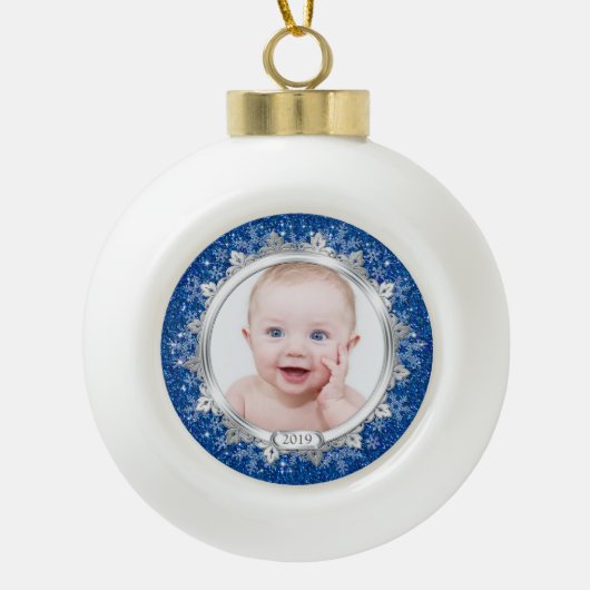 Blue Silver Baby's Eerste Kerstdag (Kerstmis) Foto Keramische Bal Ornament (Voorkant)