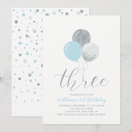 Blue & Silver Ballonnen | Drie Jongen 3e Verjaarda Kaart (Voorkant / Achterkant)