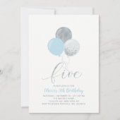 Blue & Silver Balloons Vijfde Jongen Dag Partij Kaart (Voorkant)