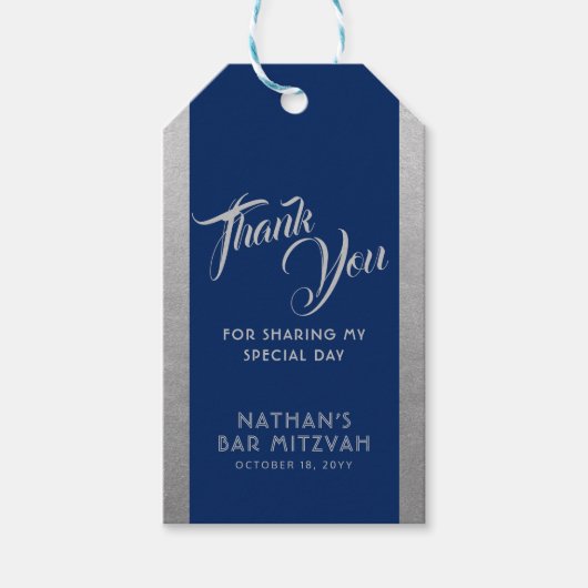 Blue Silver Bar Mitzvah Favor Dank je Cadeaulabel (Voorkant)