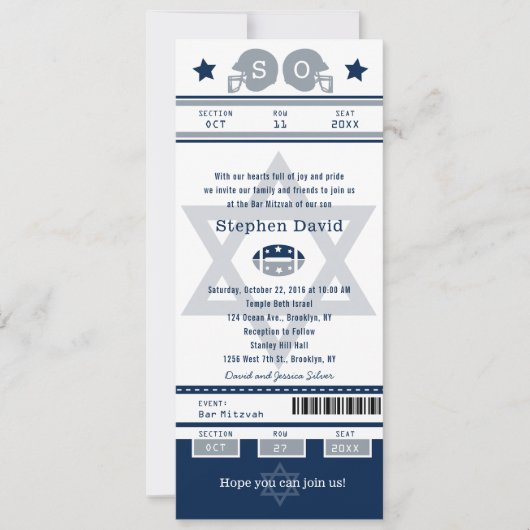 Blue Silver Bar Mitzvah Football Ticket Invitation Kaart (Voorkant)