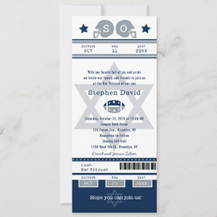 Blue Silver Bar Mitzvah Football Ticket Invitation Kaart