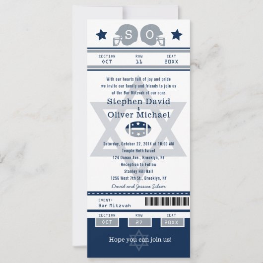 Blue Silver Bar Mitzvah voor Twins Football Ticket Kaart (Voorkant)