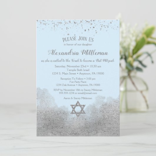 Blue Silver Bat Mitzvah Uitnodiging (Staand voorkant)