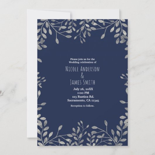Blue & Silver Botanical Modern Wedding Invitations Kaart (Voorkant)