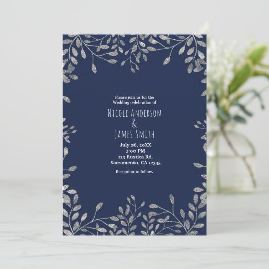 Blue & Silver Botanical Modern Wedding Invitations Kaart (Staand voorkant)