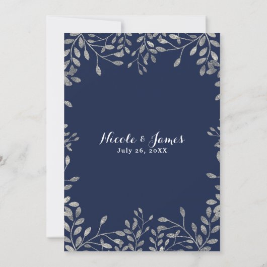 Blue & Silver Botanical Modern Wedding Invitations Kaart (Achterkant)