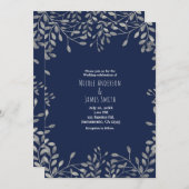 Blue & Silver Botanical Modern Wedding Invitations Kaart (Voorkant / Achterkant)