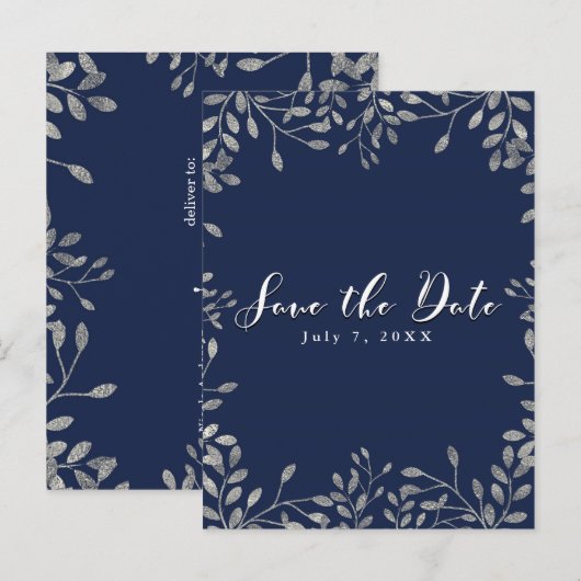Blue & Silver Botanical Wedding Save the Date Aankondigingskaart (Voorkant / Achterkant)
