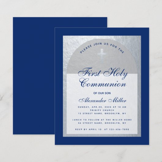 Blue Silver Boy Eerste Communie Budget Uitnodiging (Voorkant / Achterkant)