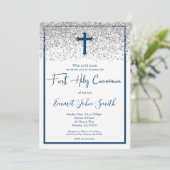 Blue Silver Boy First Heilige Communie Kaart (Staand voorkant)