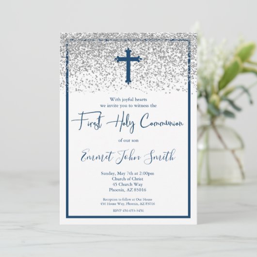 Blue Silver Boy First Heilige Communie Kaart (Staand voorkant)