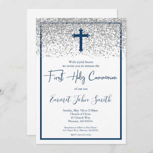 Blue Silver Boy First Heilige Communie Kaart (Voorkant / Achterkant)