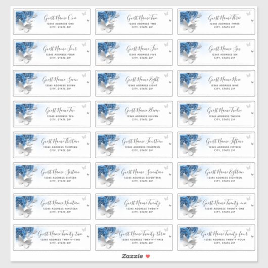 Blue Silver Butterfly 24 Wedding Guest Address Sticker (Vel)