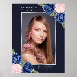Blue Silver Celebration of Life Photo Funeral Sign Poster