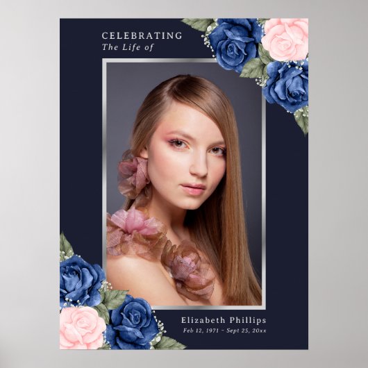 Blue Silver Celebration of Life Photo Funeral Sign Poster (Voorkant)