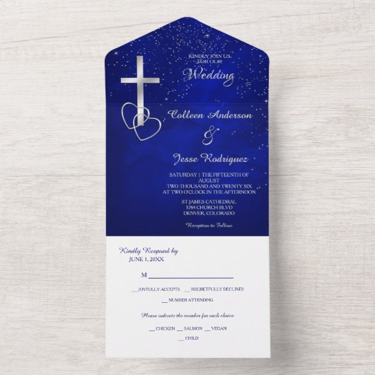 Blue Silver Christelijk Cross Photo Template Wedde All In One Uitnodiging (Binnen)