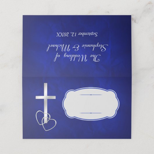 Blue Silver Christelijk Cross Wedding Plaatskaartje (Buitenkant ongevouwen)